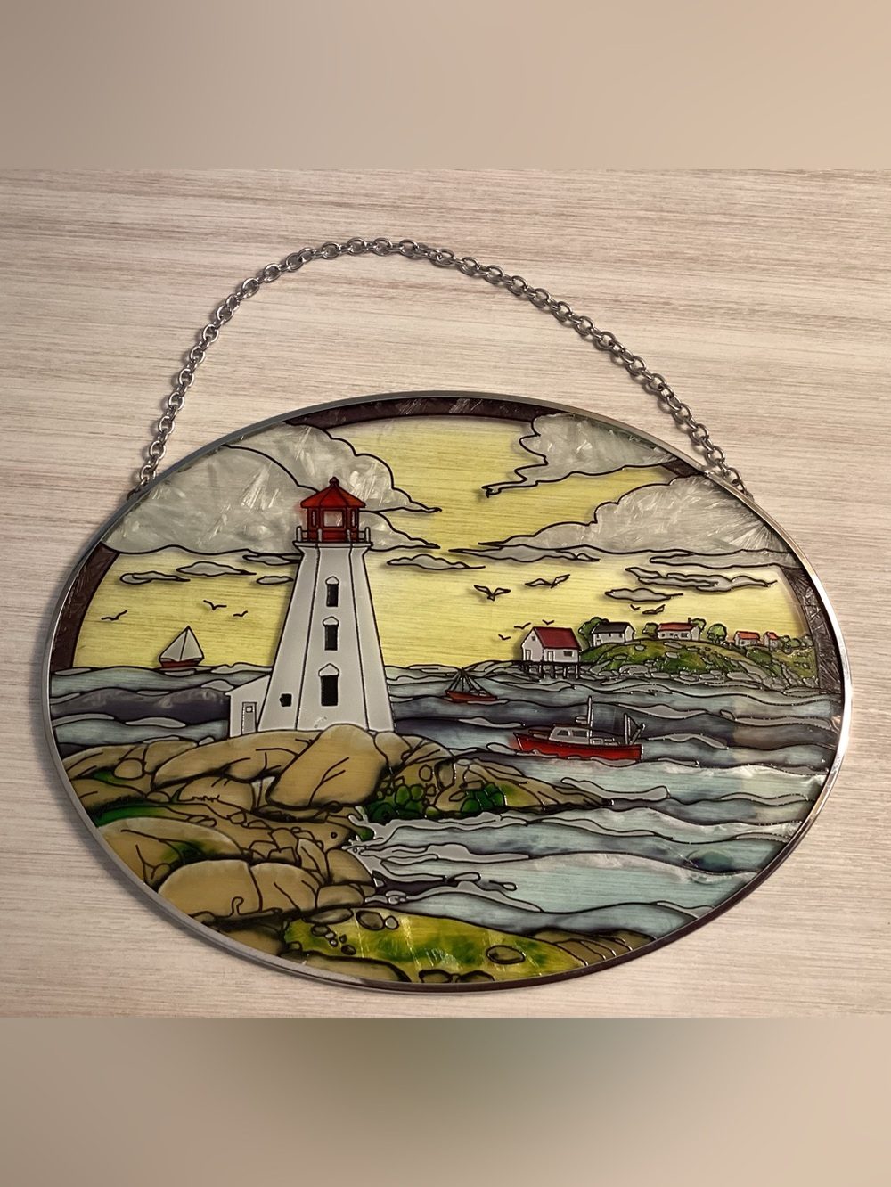 Handcrafted Stained Glass Lighthouse Wall Hanging - White & Red